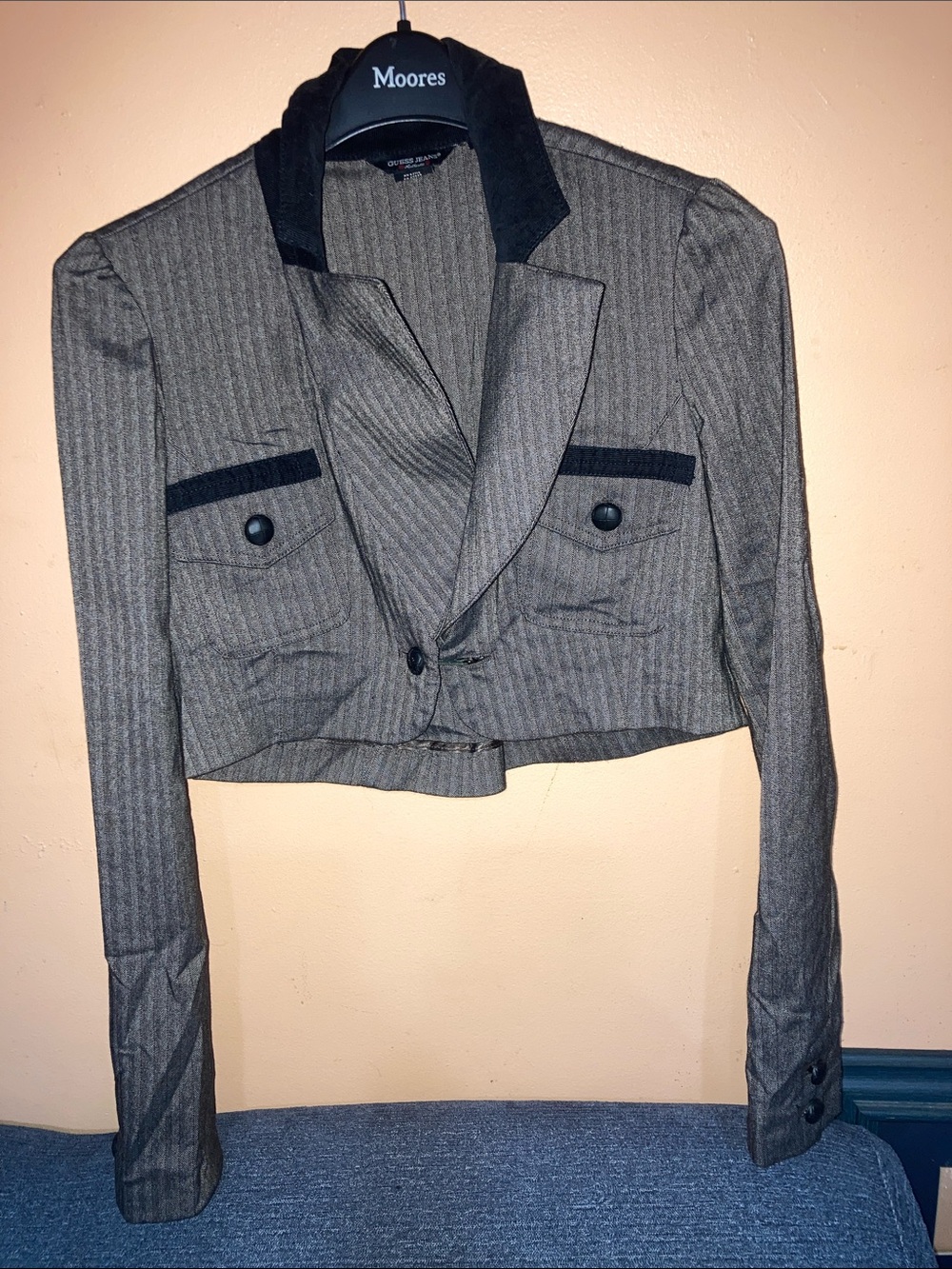 Guess Gray Pinstripe Cropped Blazer with Black Trim